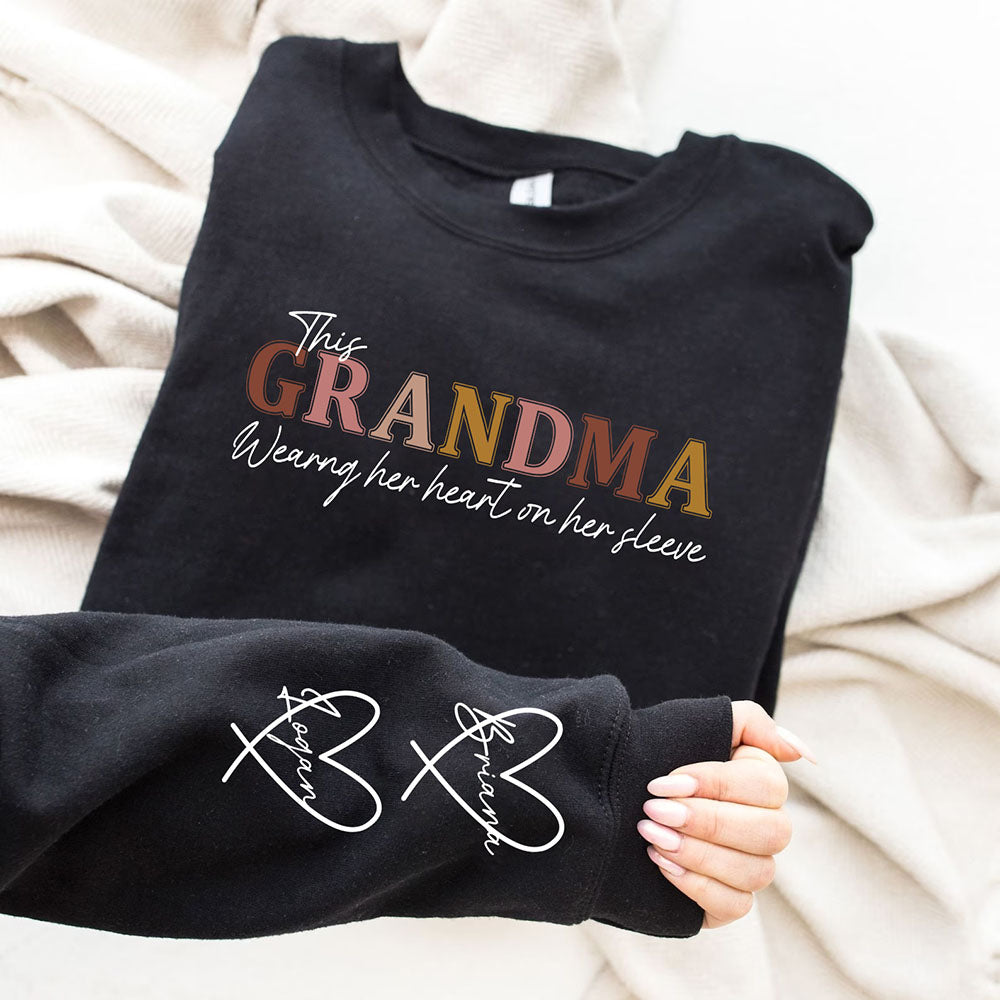 Personalized Wear Heart On Sleeve Mama Sweatshirt with Kid Names on Sleeves Mother's Day Birthday Gift