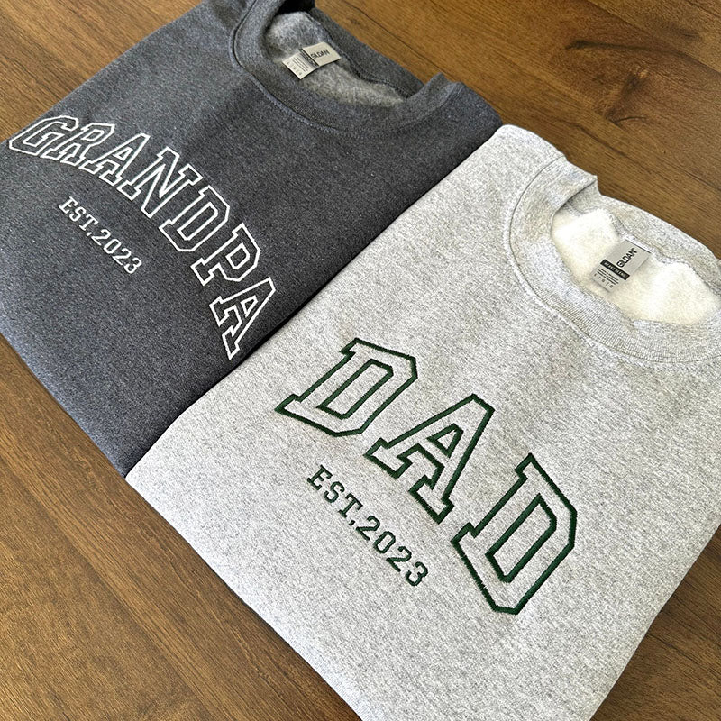 Personalized Embroidered Dad Est Sweatshirt with Kids Name on Sleeve