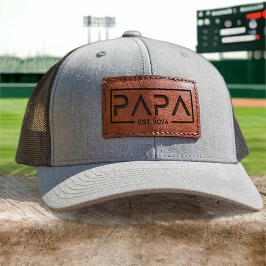 Personalized PAPA Est Leather Patch Trucker Hat Father's Day Gift