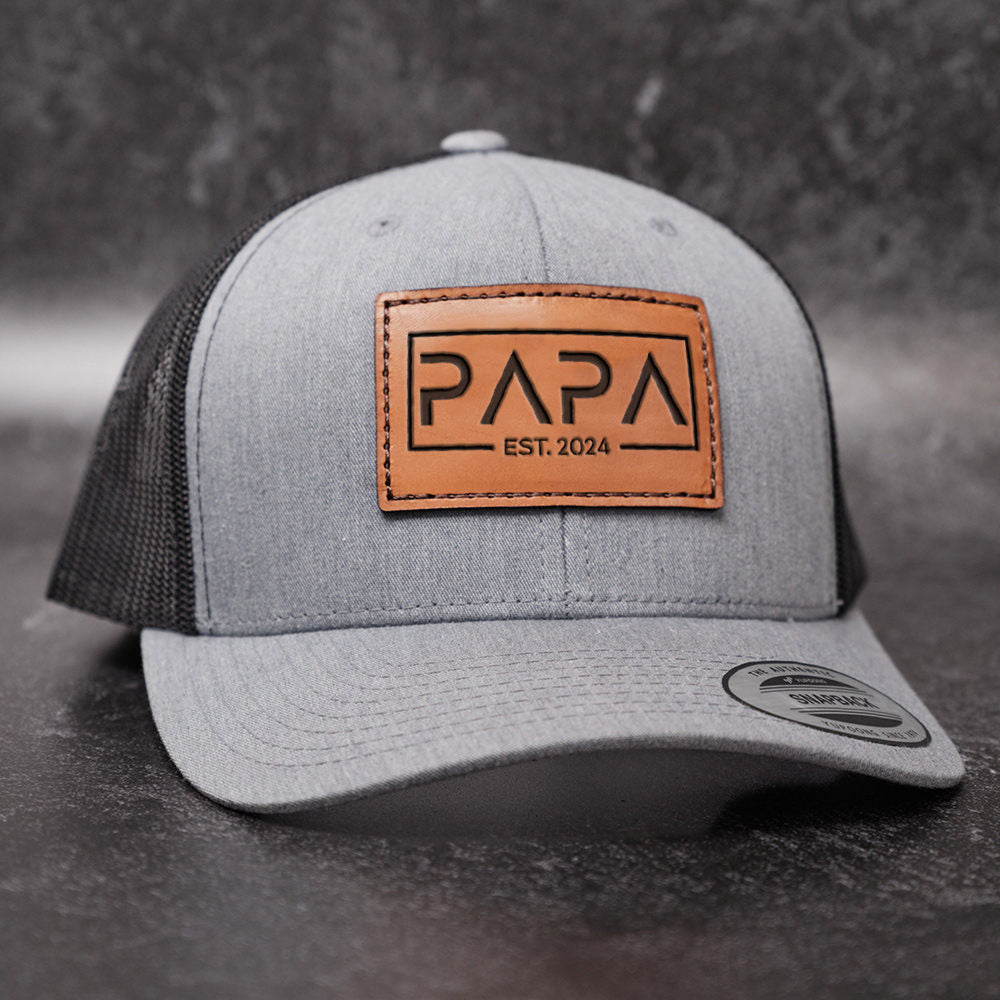Personalized DAD Est Real Leather Patch Trucker Hat Father's Day Gift or New Dad Gift