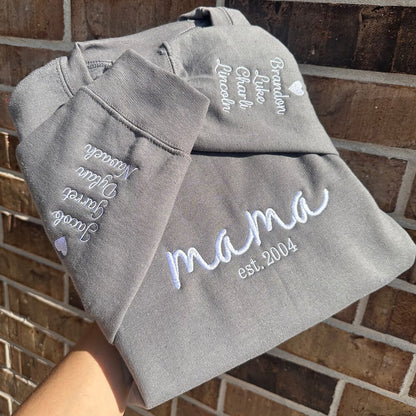 Embroidered Mama Sweatshirt with Kids Names on Sleeve Gift for Mom Mother's Day Birthday Gifts