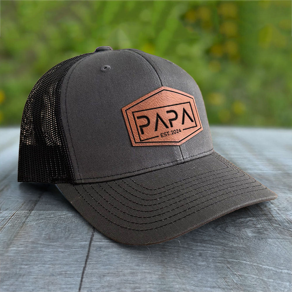 Personalized PAPA Est Leather Patch Trucker Hat Father's Day Gift