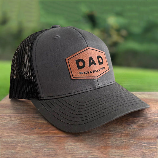 Personalized DAD Hat with Kids Names Leather Patch Trucker Hat Father's Day Gift New Dad Gift