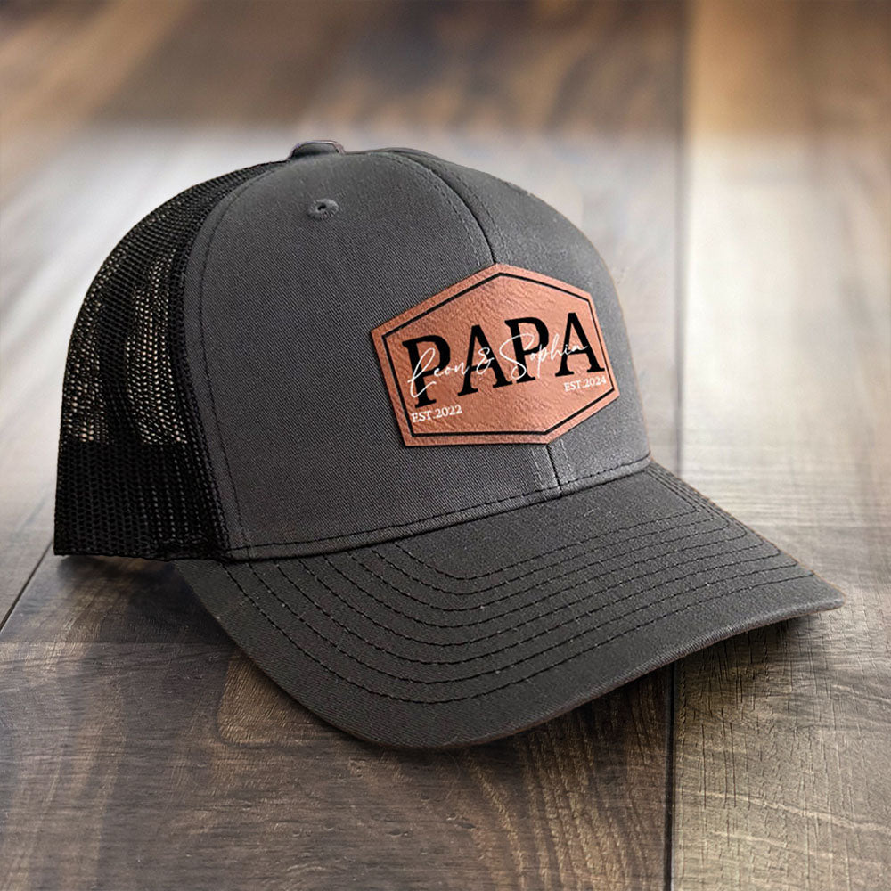 Personalized PAPA Hat with Est and Kids Names Leather Patch Trucker Father's Day Gift