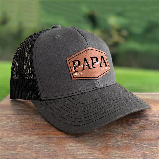 Personalized PAPA Hat with Est and Kids Names Leather Patch Trucker Father's Day Gift