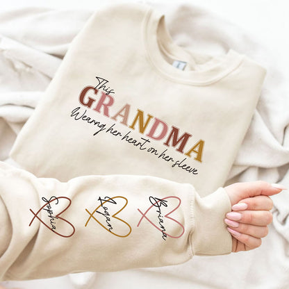 Personalized Wear Heart On Sleeve Mama Sweatshirt with Kid Names on Sleeves Mother's Day Birthday Gift