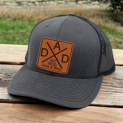 Personalized Dad Hat with Est and Kids Names Leather Patch Trucker Hat Father's Day Gift