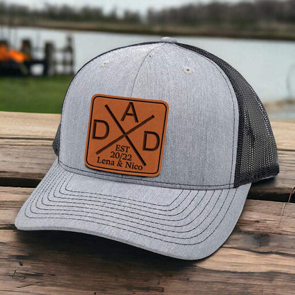 Personalized Dad Hat with Est and Kids Names Leather Patch Trucker Hat Father's Day Gift