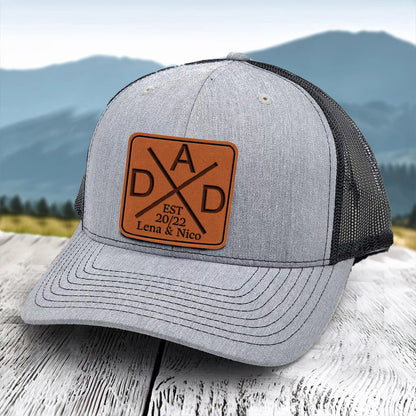 Personalized Dad Hat with Est and Kids Names Leather Patch Trucker Hat Father's Day Gift