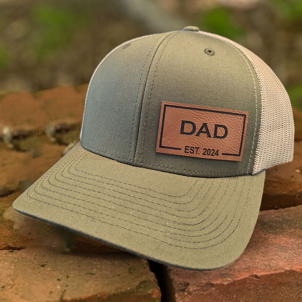 Personalized DAD Est Hat Real Leather Patch Trucker Hat Father's Day Gift New Dad Gift