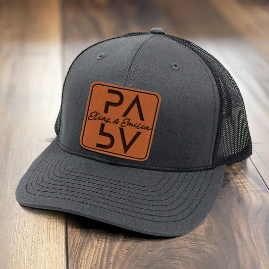 Personalized PAPA Hat with Est and Kids Names Leather Patch Trucker Hat