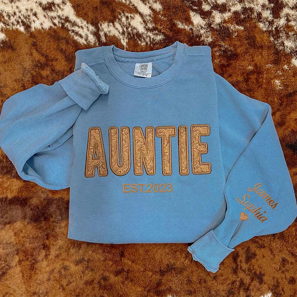 Embroidered Faux Tooled Leather Western Vibes AUNT Sweatshirt Hoodie Mothers Day Gift for MAMA WIFE AUNTIE GRANDMA