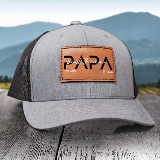 Personalized PAPA Hat with Est and Kids Names Leather Patch Trucker Hat Father's Day Gift