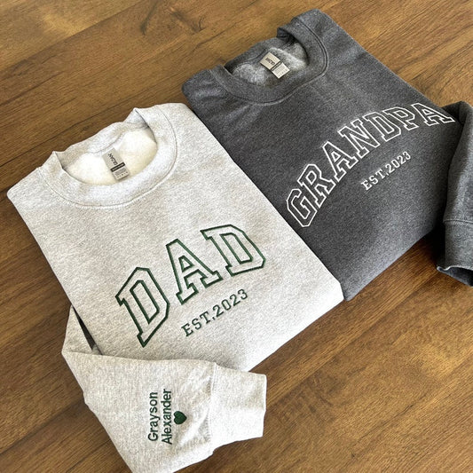 Personalized Embroidered Dad Est Sweatshirt with Kids Name on Sleeve