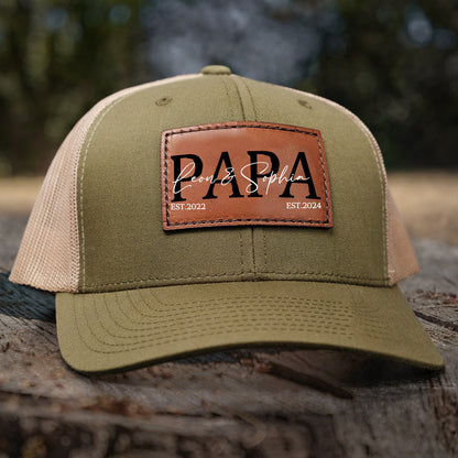 Personalized PAPA Hat with Est and Kids Names Leather Patch Trucker Hat Father's Day Gift