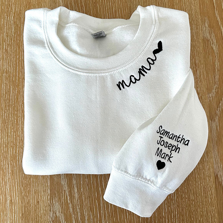 Embroidered Mama Sweatshirt with Kids Names on Sleeve Gift for Mom Mother's Day Birthday Gifts