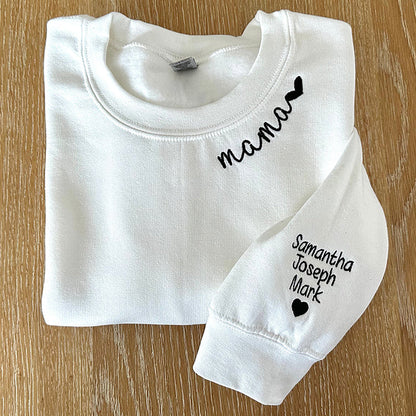 Embroidered Mama Sweatshirt with Kids Names on Sleeve Gift for Mom Mother's Day Birthday Gifts