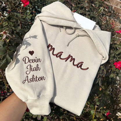 Embroidered Mama Sweatshirt with Kids Names on Sleeve Gift for Mom Mother's Day Birthday Gifts