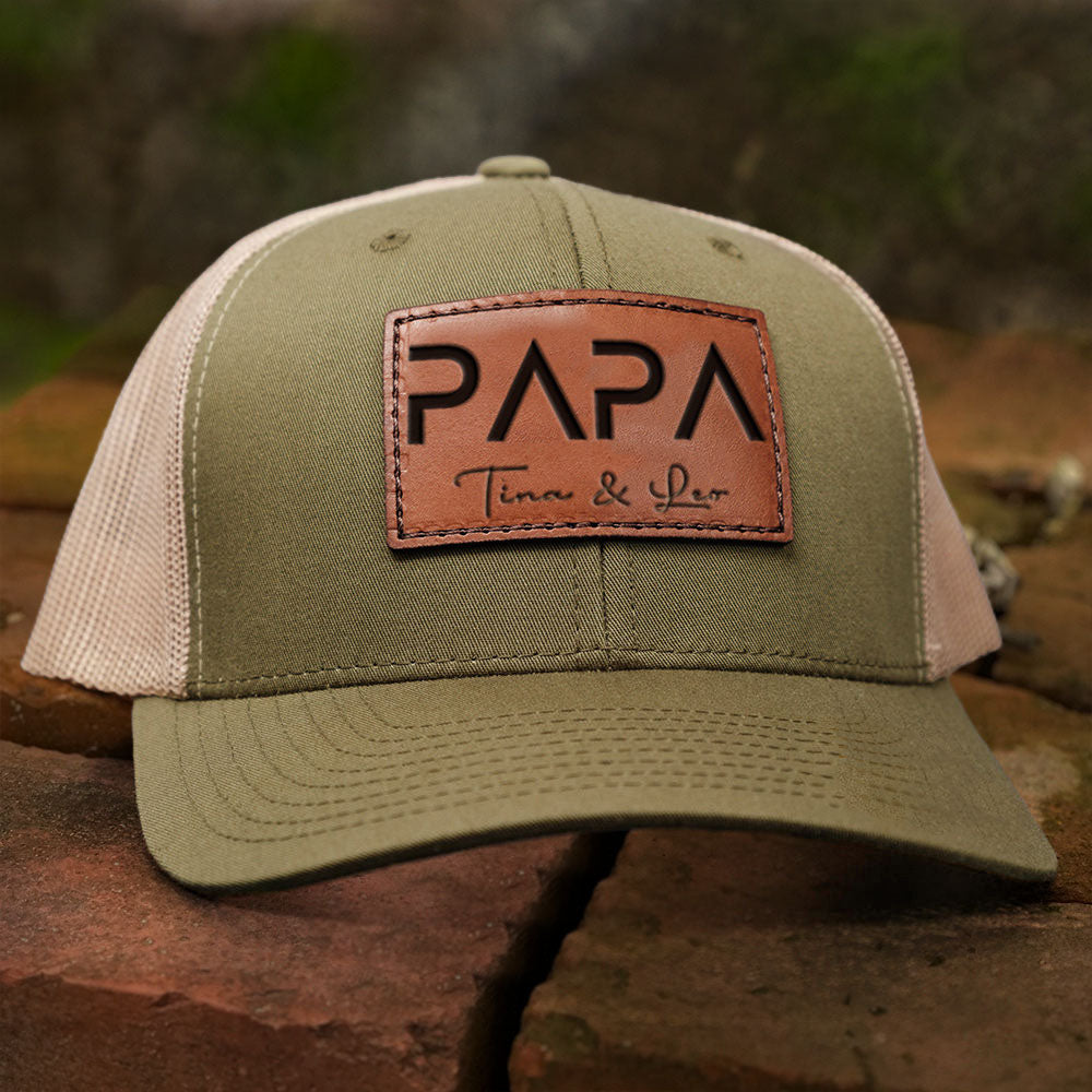 Personalized PAPA Leather Patch Trucker Hat with Kids Names Father's Day Gift New Dad Gift