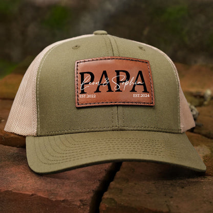 Personalized PAPA Hat with Est and Kids Names Leather Patch Trucker Hat Father's Day Gift