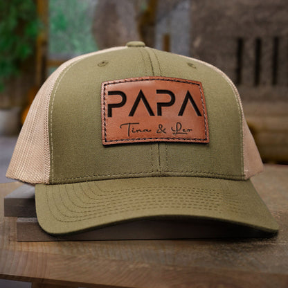 Personalized PAPA Leather Patch Trucker Hat with Kids Names Father's Day Gift New Dad Gift