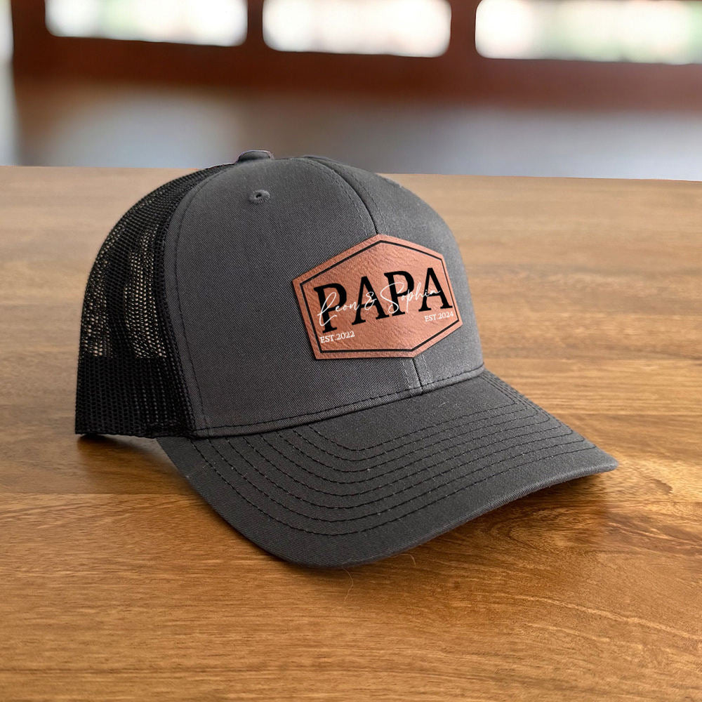 Personalized PAPA Hat with Est and Kids Names Leather Patch Trucker Father's Day Gift