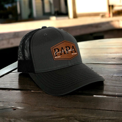 Personalized PAPA Hat with Est and Kids Names Leather Patch Trucker Father's Day Gift