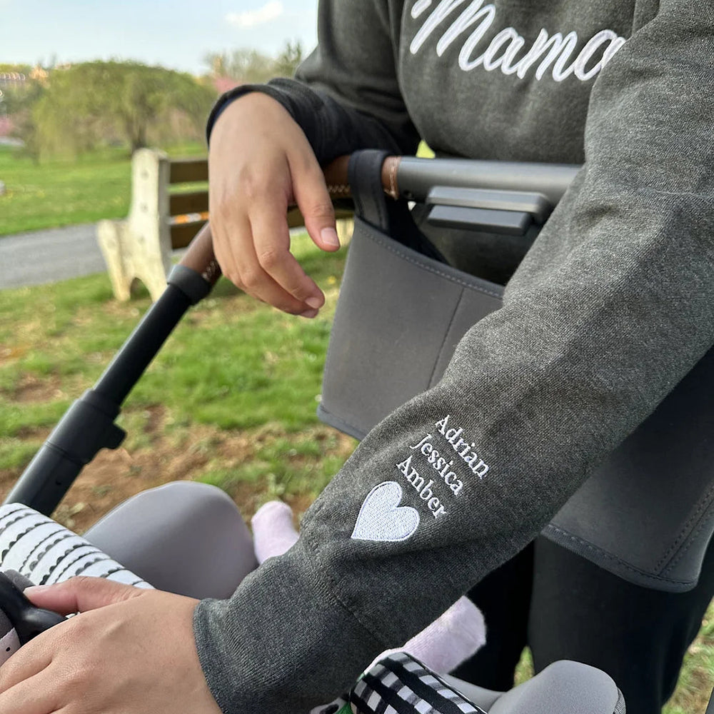 Embroidered Mama Sweatshirt with Kids Names on Sleeve Gift for Mom Mother's Day Birthday Gifts