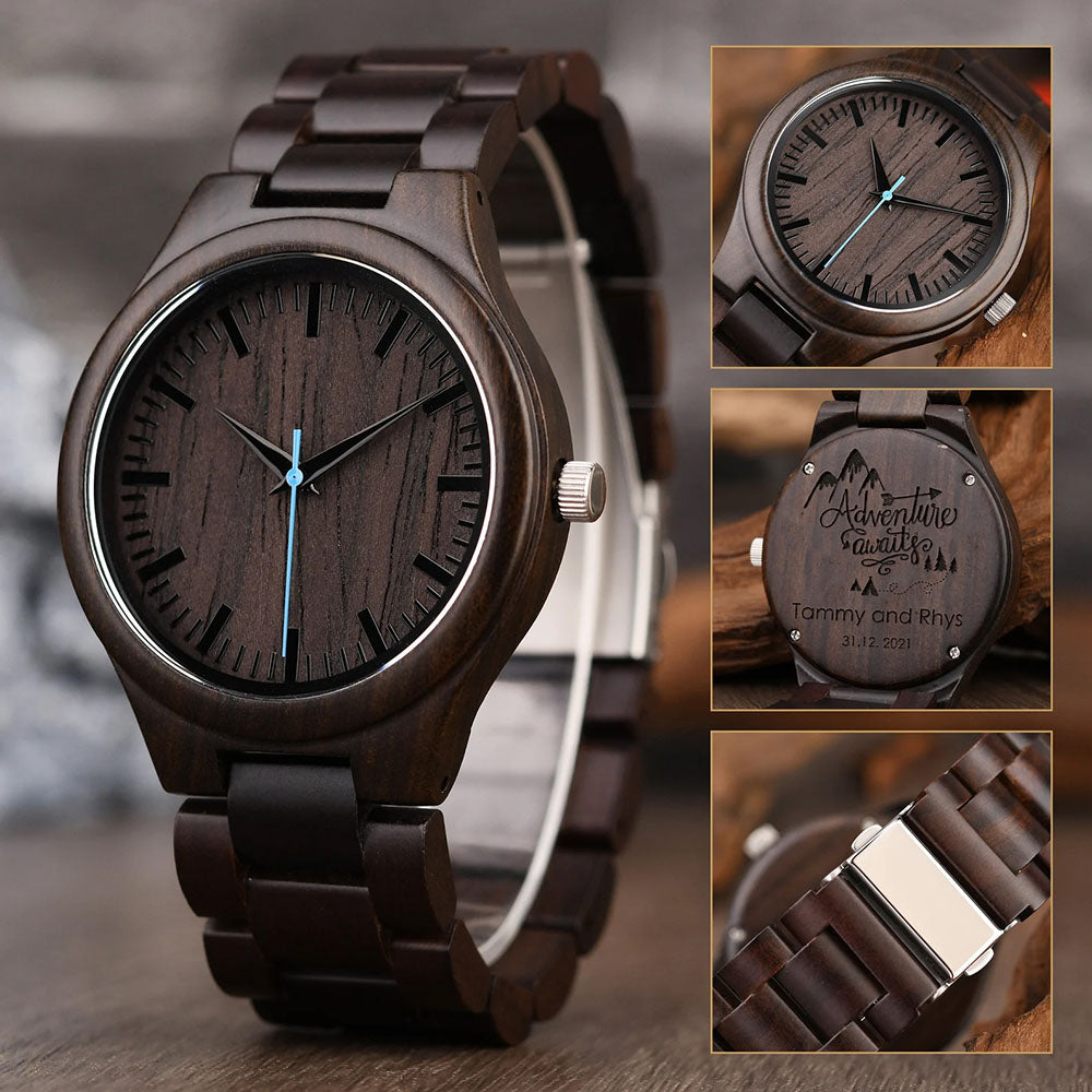 Personalized Adventure Awaits Men's Engraved Wooden Anniversary Watch Valentine's Day Gift for Husband