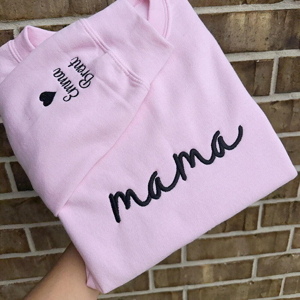 Embroidered Mama Sweatshirt with Kids Names on Sleeve Gift for Mom Mother's Day Birthday Gifts