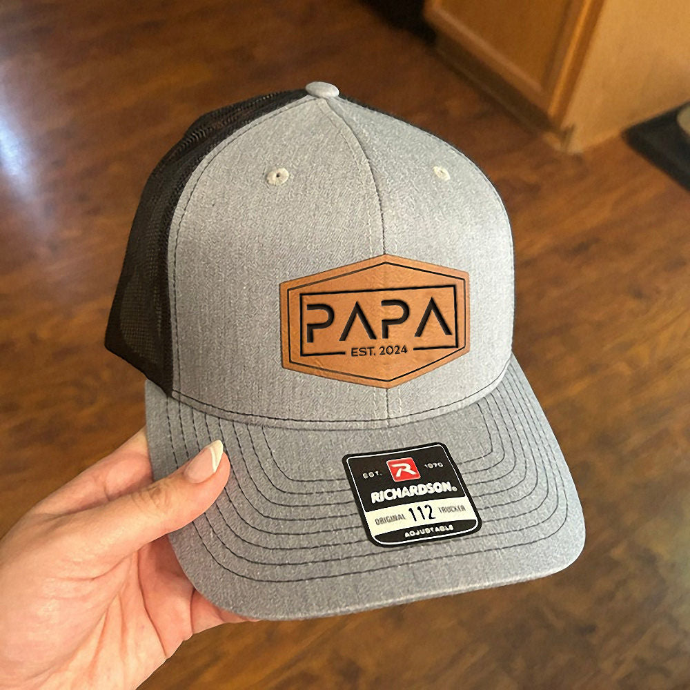 Personalized PAPA DAD Est Real Leather Patch Trucker Hat Father's Day Gift New Dad Gift