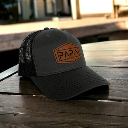 Personalized PAPA Est Leather Patch Trucker Hat Father's Day Gift