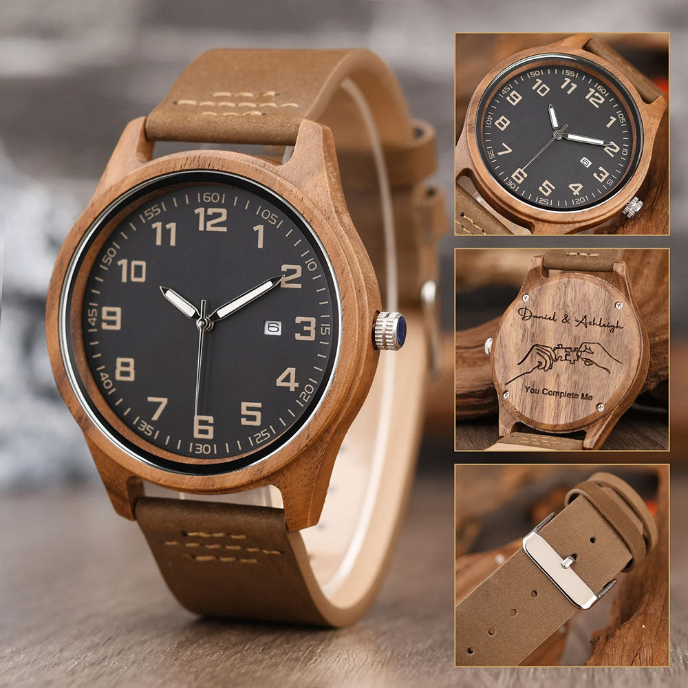 Personalized You Complete Me Men's Engraved Wooden Anniversary Watch Valentine's Day Gift From Wife