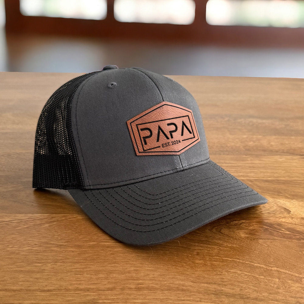 Personalized PAPA DAD Est Real Leather Patch Trucker Hat Father's Day Gift New Dad Gift