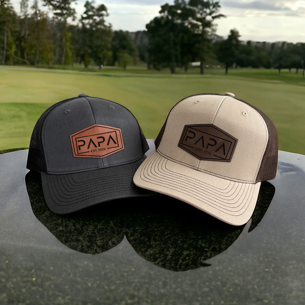 Personalized PAPA DAD Est Real Leather Patch Trucker Hat Father's Day Gift New Dad Gift