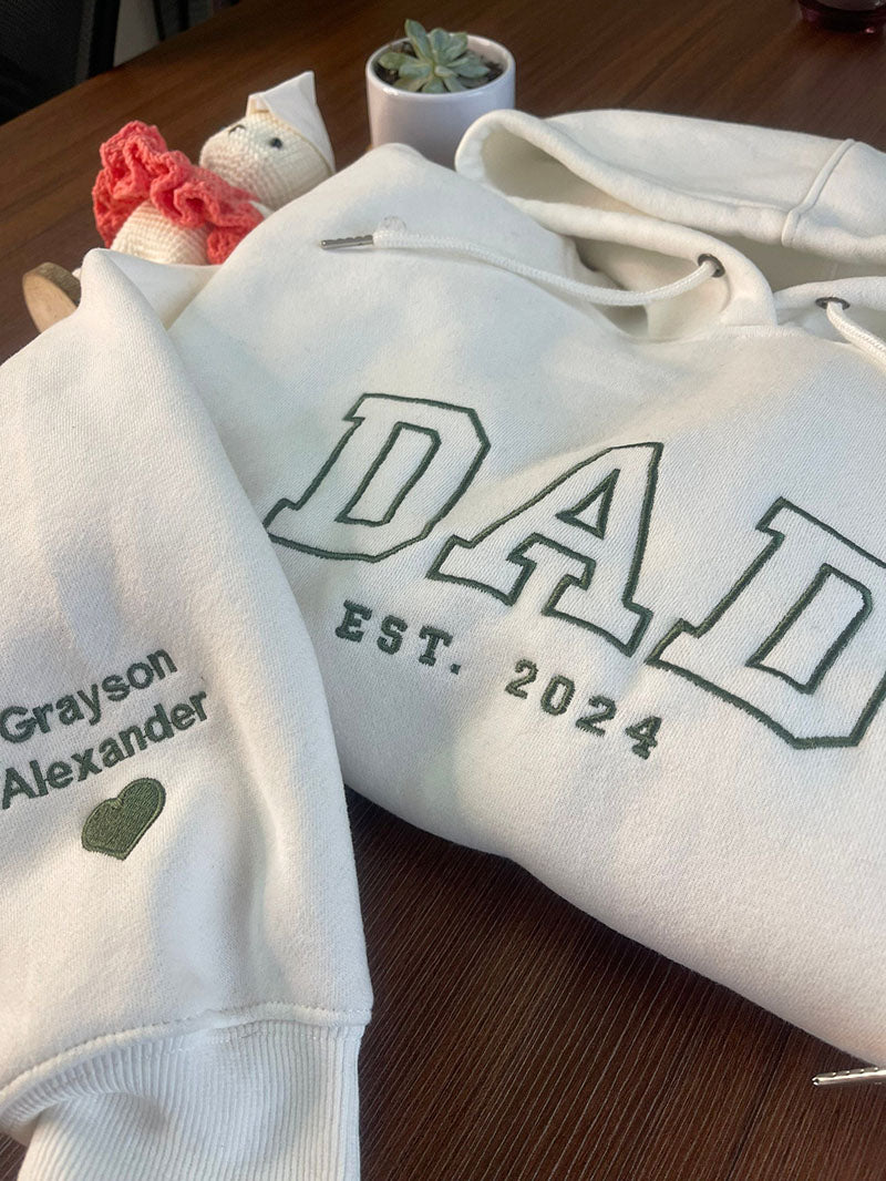 Personalized Embroidered Dad Est Sweatshirt with Kids Name on Sleeve