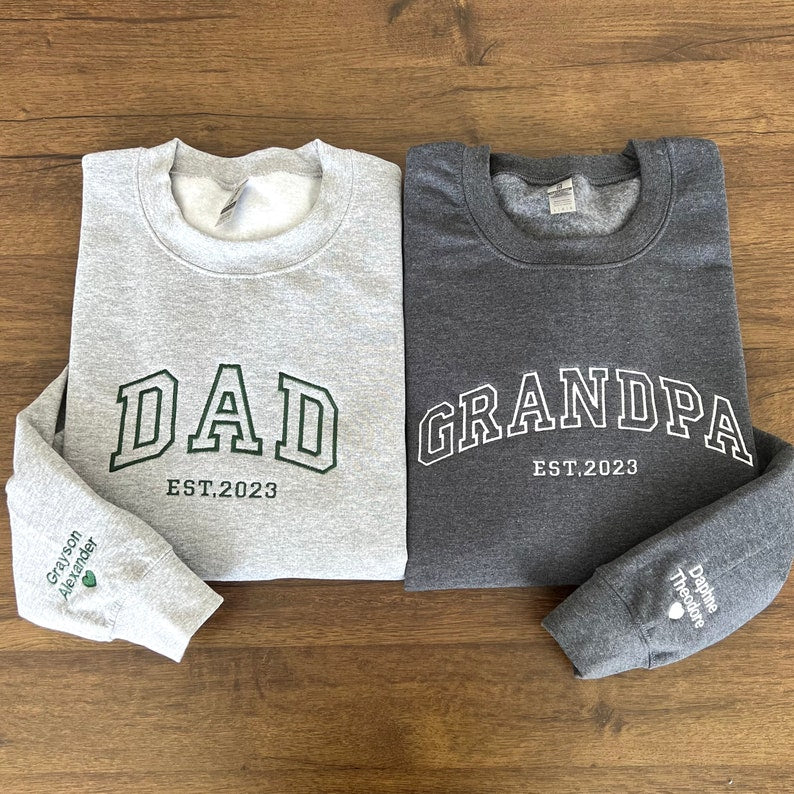 Personalized Embroidered Dad Est Sweatshirt with Kids Name on Sleeve