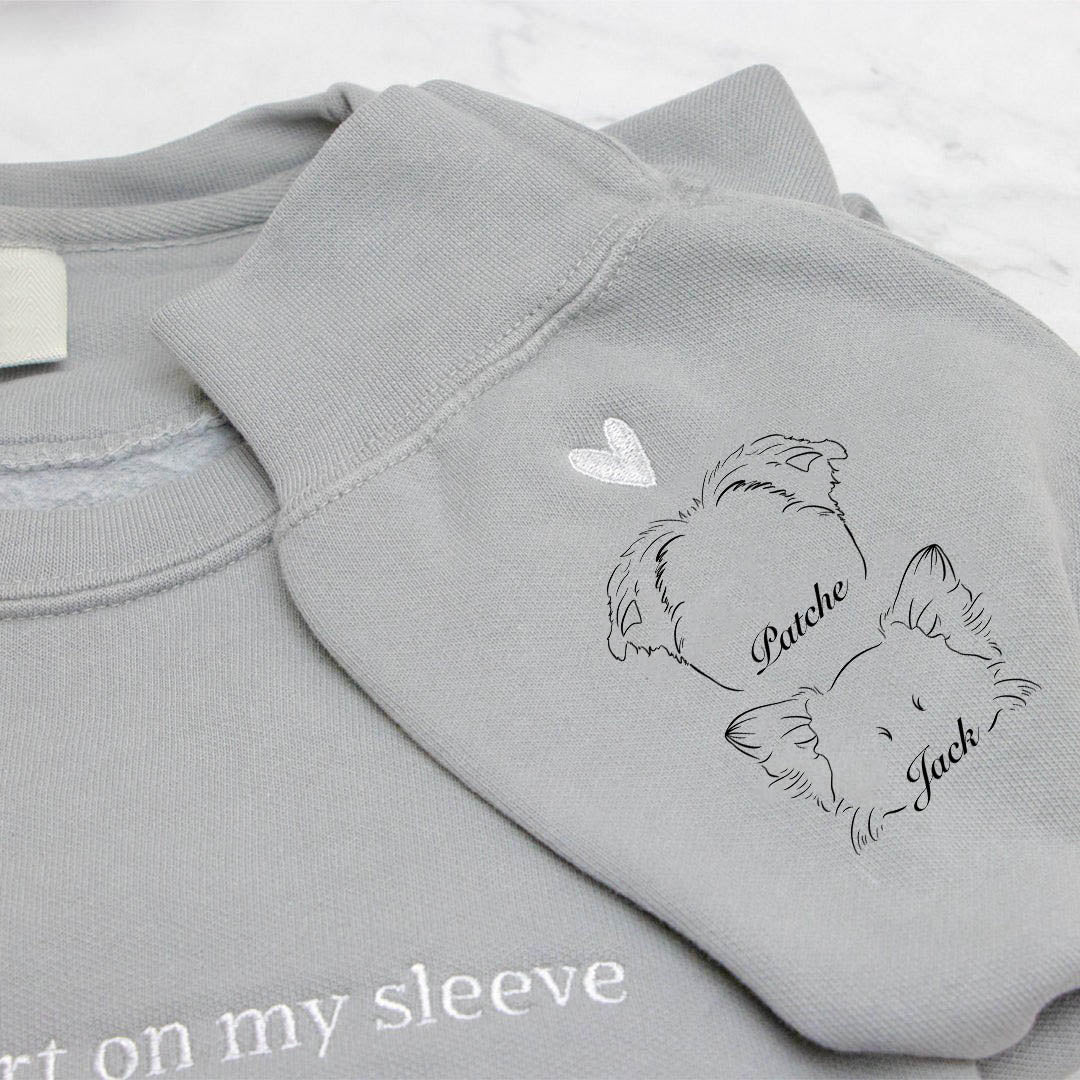 Personalized Heart On My Sleeve Embroidered Sweatshirt Hoodie with Dog Cat Ears On Sleeve Gift For Pet Lover