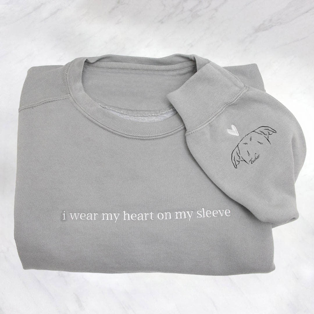 Personalized Heart On My Sleeve Embroidered Sweatshirt Hoodie with Dog Cat Ears On Sleeve Gift For Any Pet Lover
