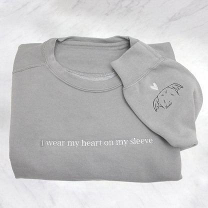 Personalized Heart On My Sleeve Embroidered Sweatshirt Hoodie with Dog Cat Ears On Sleeve Gift For Pet Lover