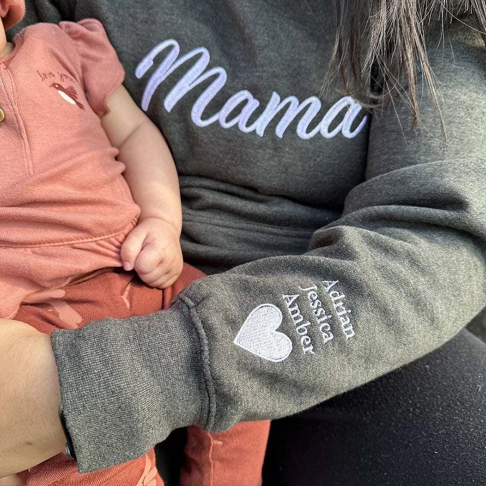 Embroidered Mama Sweatshirt with Kids Names on Sleeve Gift for Mom Mother's Day Birthday Gifts