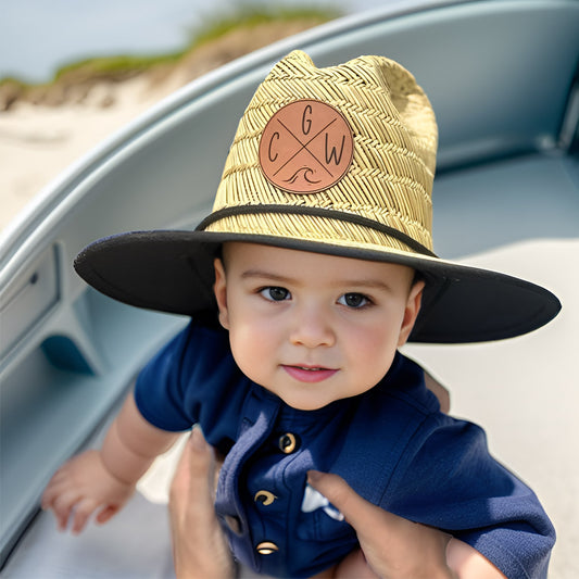 Personalized Leather Name Patch Straw Hat Sun Hat With Initials and Symbols Gift for Toddler Child Adult