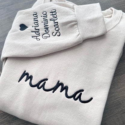 Embroidered Mama Sweatshirt with Kids Names on Sleeve Gift for Mom Mother's Day Birthday Gifts