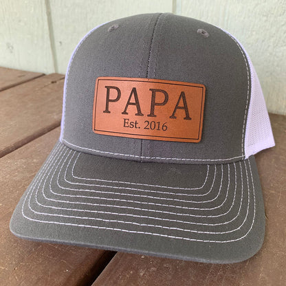 Personalized DAD Hat with Est and Kids Names Leather Patch Trucker Hat Father's Day Gift