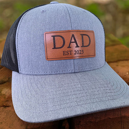 Personalized DAD Hat with Est and Kids Names Leather Patch Trucker Hat Father's Day Gift