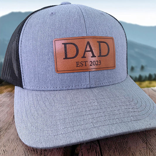 Personalized DAD Hat with Est and Kids Names Leather Patch Trucker Hat Father's Day Gift