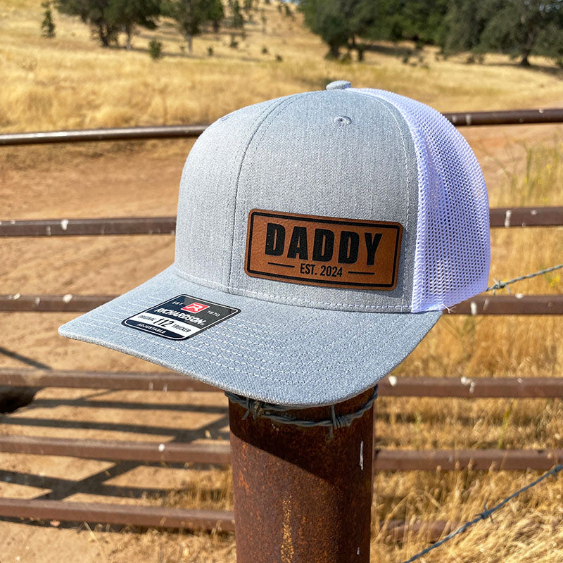 Personalized DAD Est Hat Real Leather Patch Trucker Snapback Cap Father's Day Gift New Dad Gift
