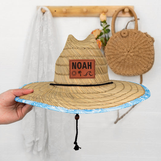 Personalized Leather Name Patch Straw Hat with Name and Symbols Sun Hat Gift for Toddler Child Adult