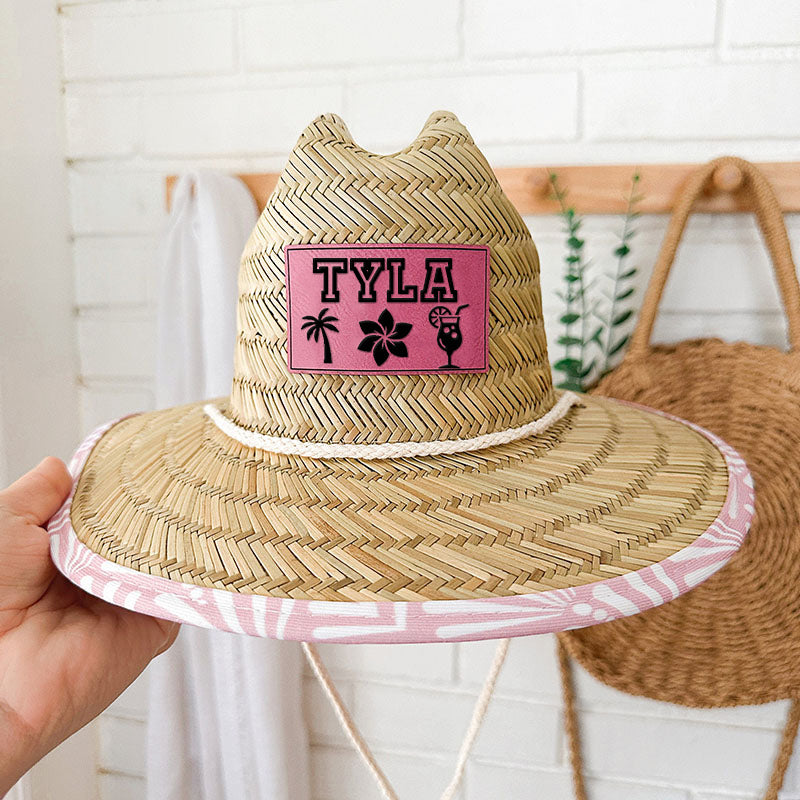 Personalized Leather Name Patch Straw Hat with Name and Symbols Sun Hat Gift for Toddler Child Adult