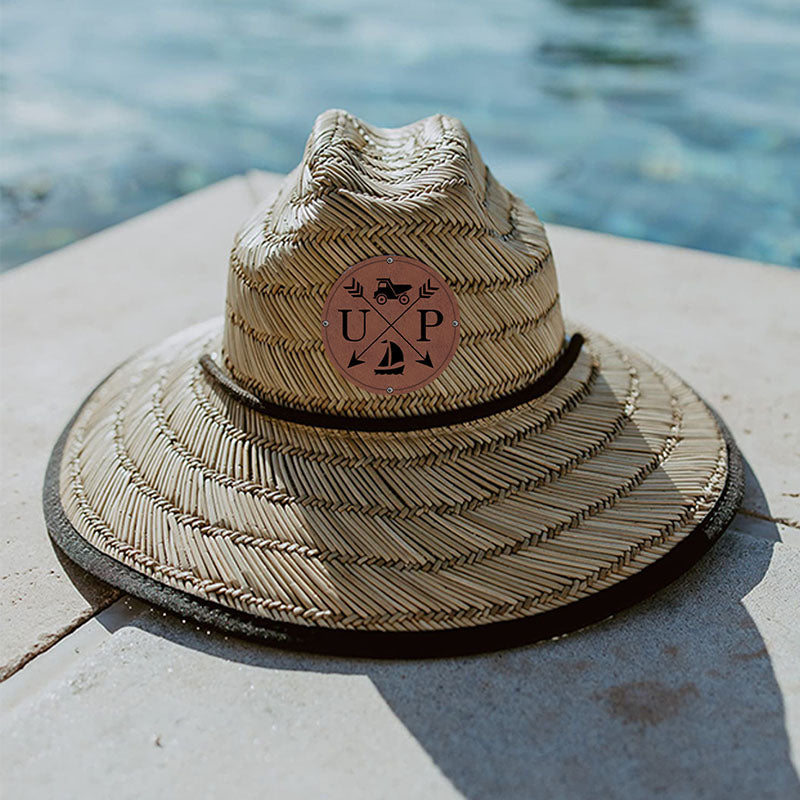 Personalized Leather Name Patch Straw Hat Sun Hat With Initials and Symbols Gift for Toddler Child Adult